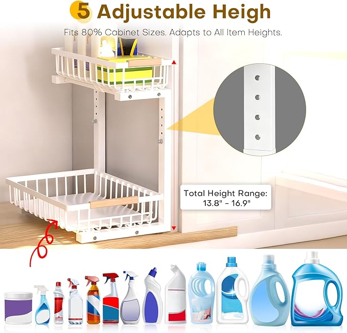 ZELOREA Under Sink Organizer, 2 Tier Pull Out Under-Sink Shelves, Adjustable Height (13.8" -16.9"), Sturdy Metal Storage Organizer for Bathroom Kitchen Pantry Cabinet (2 Packs, White)