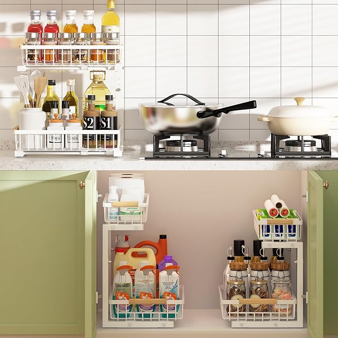 REALINN Under Sink Organizer, Height Adjustable Under Sink Organizers and Storage, 2 Tier Pull Out Drawer Cabinet Storage for Kitchen Bathroom, 1 Pack, White