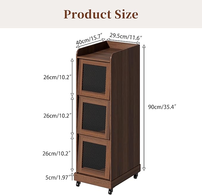 4 Tier Narrow Potato Storage Bin, Tall Wood Potato and Onion Storage Bin with Wheel, Movable Fruit and Vegetable Basket, Food Small Kitchen Pantry Cabinet, Wooden Bread Box, Walnut, Sliding Door