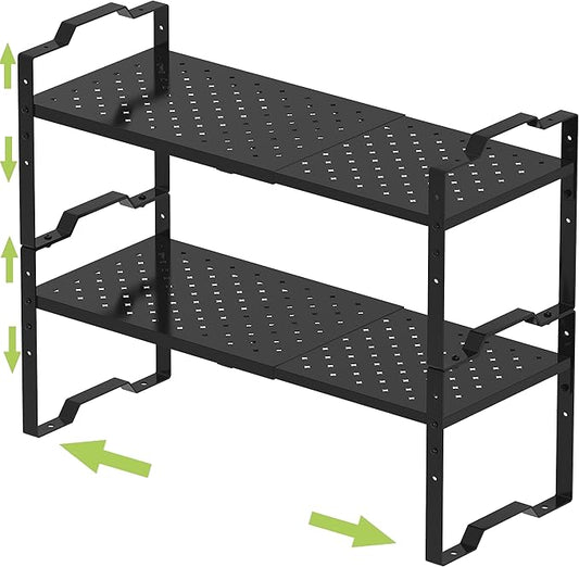 Jojocross Expandable Shelf for Cabinet Organizer Adjustable Stackable Spice Rack at Kitchen and Bathroom More, Counter Countertop Cupboard Organization Pantry Storage (2 Packs/Black, Medium)