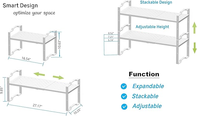 Jojocross Expandable Shelf for Cabinet Organizer Adjustable Stackable Spice Rack at Kitchen and Bathroom More, Counter Countertop Cupboard Organization Pantry Storage, (2 Packs/White, Large)