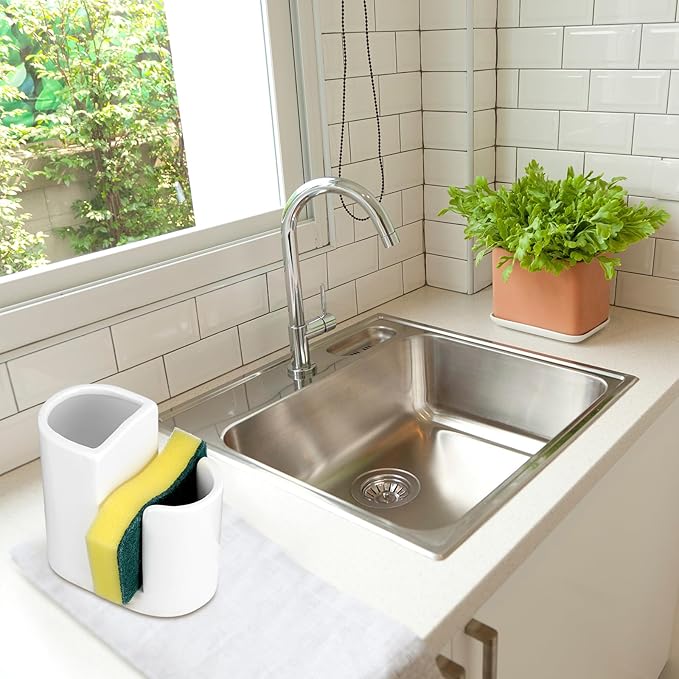 Geelin 2 in 1 Ceramic Kitchen Sink Caddy Dish Sponge Holder and Scrub Brush Holder for Kitchen Organizer Rustic Farmhouse Supplies