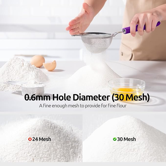 18/8 Stainless Steel Mesh Strainer: U-Taste 3.9 Inch Kitchen Fine Mesh Sieve Food Colander with Riveted Sturdy Silicone Handle and 30 Mesh Hole for Straining Flour, Quinoa, Tea, Juice (Purple)