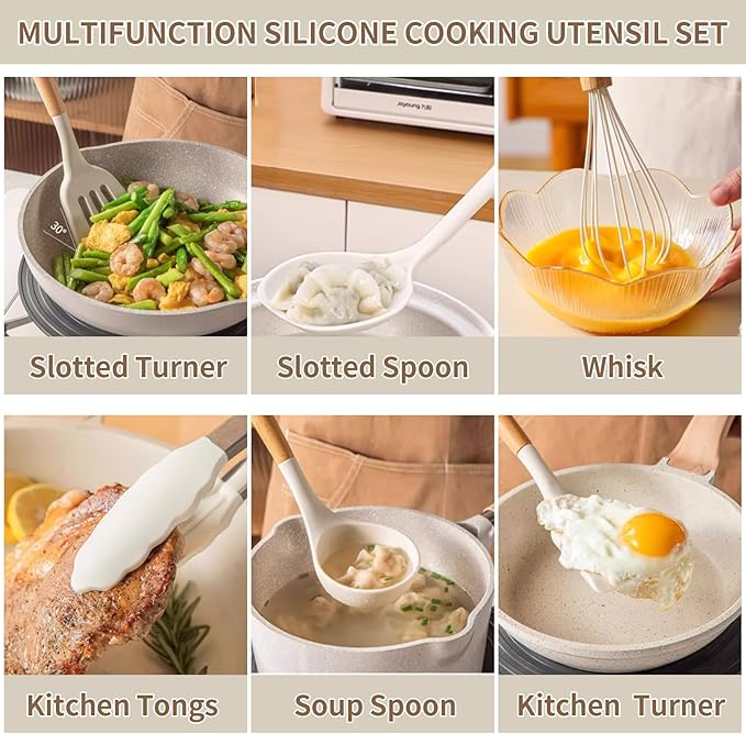 Jiufei Home Silicone Cooking Utensils Set, Kitchen Utensils Set 13 Pcs for cooking, BPA Free Spatula Set with Heat Resistant Wood Handles for Nonstick Cookware (White)