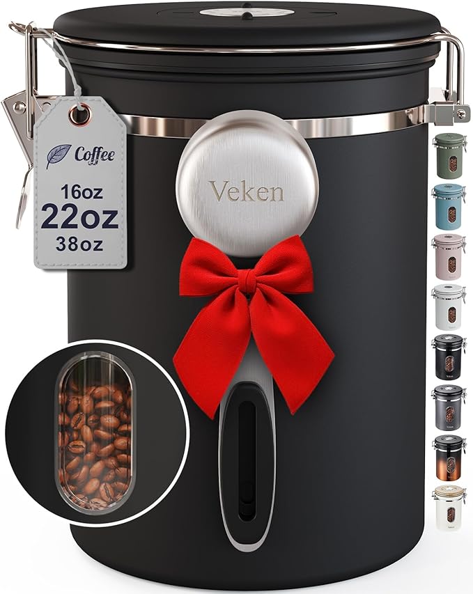 Veken Coffee Canister with Window,Airtight Stainless Steel Pantry Container,Home Kitchen Food Storage Organizers for Ground,Beans,Espresso,Rice,Tea,Sugar,Cereal, Flour,Bar Accessories,Gifts,22OZ,Black