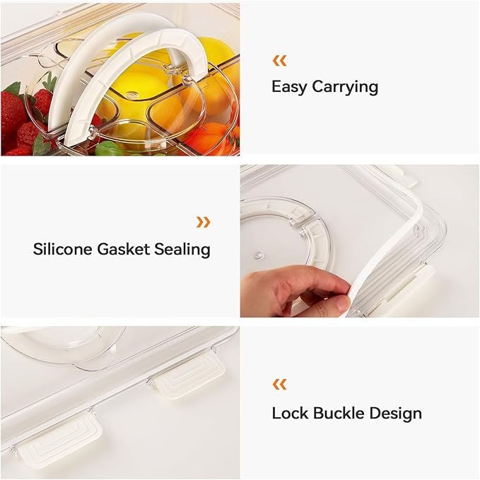 Divided Serving Tray with Lid & Handle, 4 Compartment Removable Snack Box, Kitchen Organizers and Storage, Snackle Box Container, BPA-Free Fruit Storage Container for Berry, Snack, Candy, Nuts…