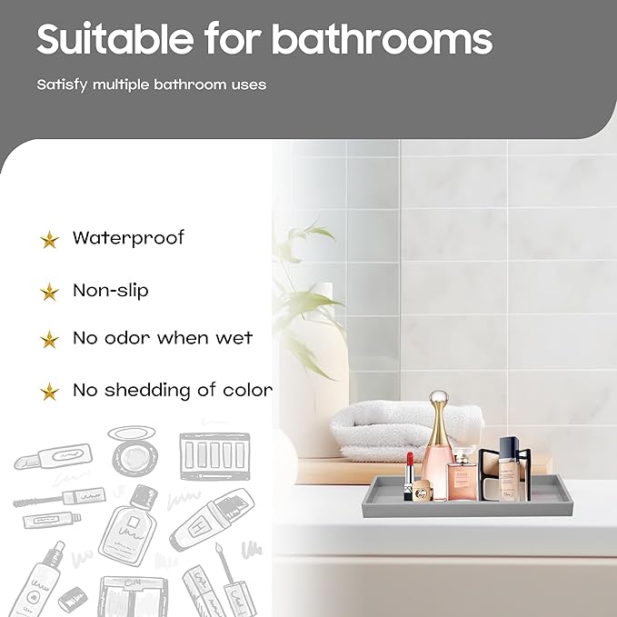 Mriluvy Vanity and Bathroom Tray, 9.8" ABS Countertop Organizer,Waterproof Vanity Tray for Toilet Tank,Perfume,Soap,Keys,Bathroom Accessories,Kitchen and Bath Trays,Non Slip Small Trays,Gray,2 Pack