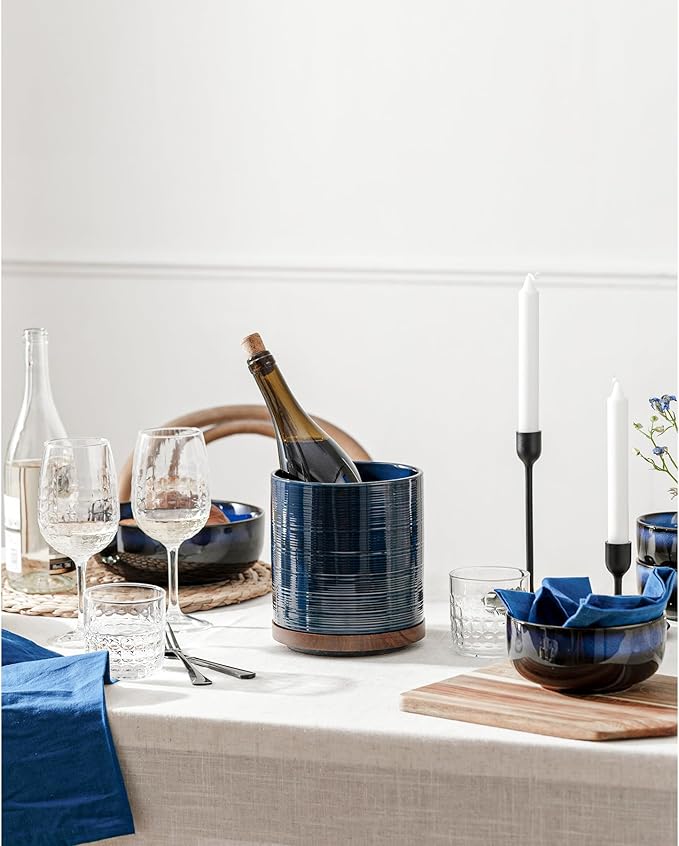 MIKIGEY Utensil Holder, 360° Rotating Extra Large Ceramic Kitchen Utensil Holder for Countertop, 7.3“ Cooking Utensil Crocks for Kitchen Counter with Rotatable Wooden Base, Farmhouse Decor, Dark Blue