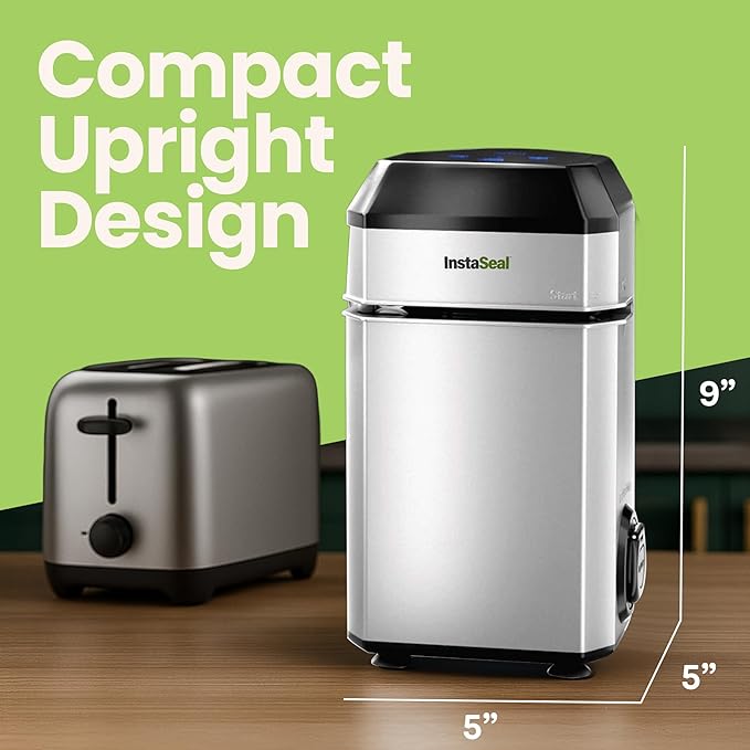 Vacuum Sealer for Food with 12 Bags, Preserves Foods 5x Longer, Space Saving Compact Upright Design Allows Machine to Seal Marinades, Soups, Meats for Sous Vide Cooking, Vegetables