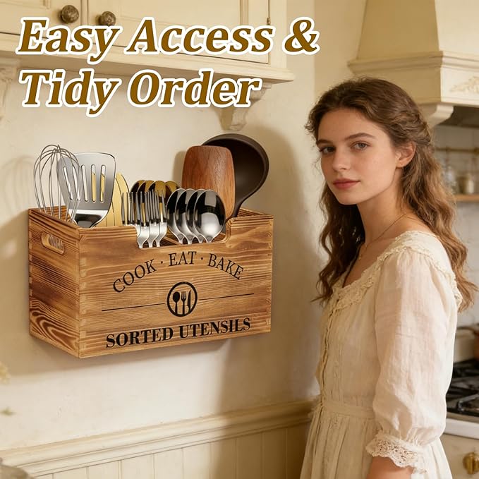 Iiglunatic Upgraded Design Wooden Utensil Holder for Kitchen Counter, Large Utensil Holder with 3 Adjustable Combination Designs for Countertop Organization, Ideal for Kitchen