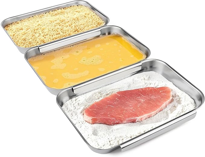 HULISEN Set of 3 Breading Pans, Stainless Steel Breading Set for Marinating Meat, Chicken, Fish, Food Prep Trays, Coating Trays Can Be Used to Baking Cake, Oven Safe