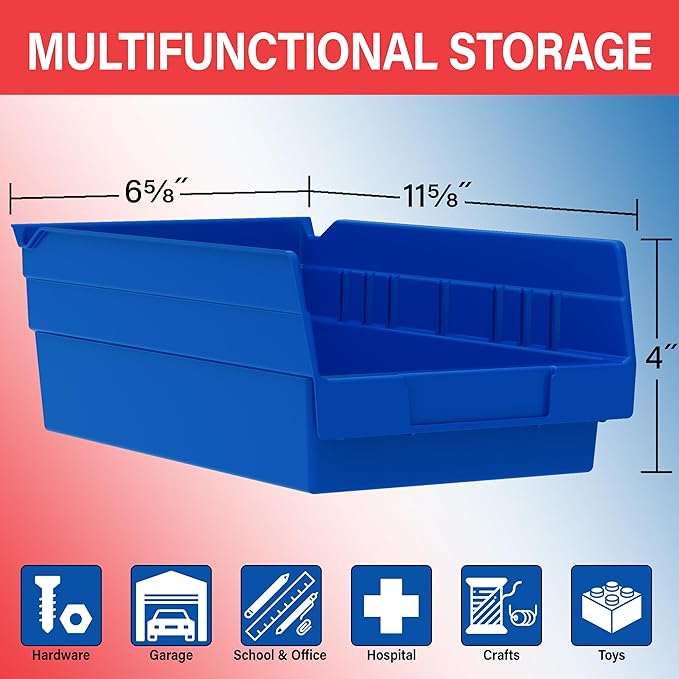 Akro-Mils 30130 Plastic Shelf Bins, Heavy Duty Storage Bins for Garage, Closet, and Drawer Organization, 12-Inch x 6-1/2-Inch x 4-Inch, Red, 12-Pack