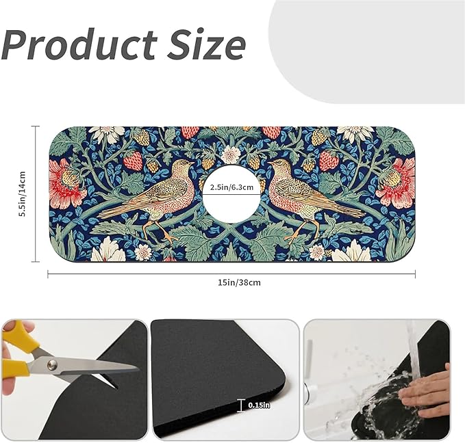 Kitchen Sink Splash Guard，strawberries and birds Faucet Mat Sink Gadgets-Super Absorbent Fast Drying Mat Drip Catcher for Kitchen, Bathroom,Sink Mat, Dish Drying Mat, Bathroom(15" X 5.5" )