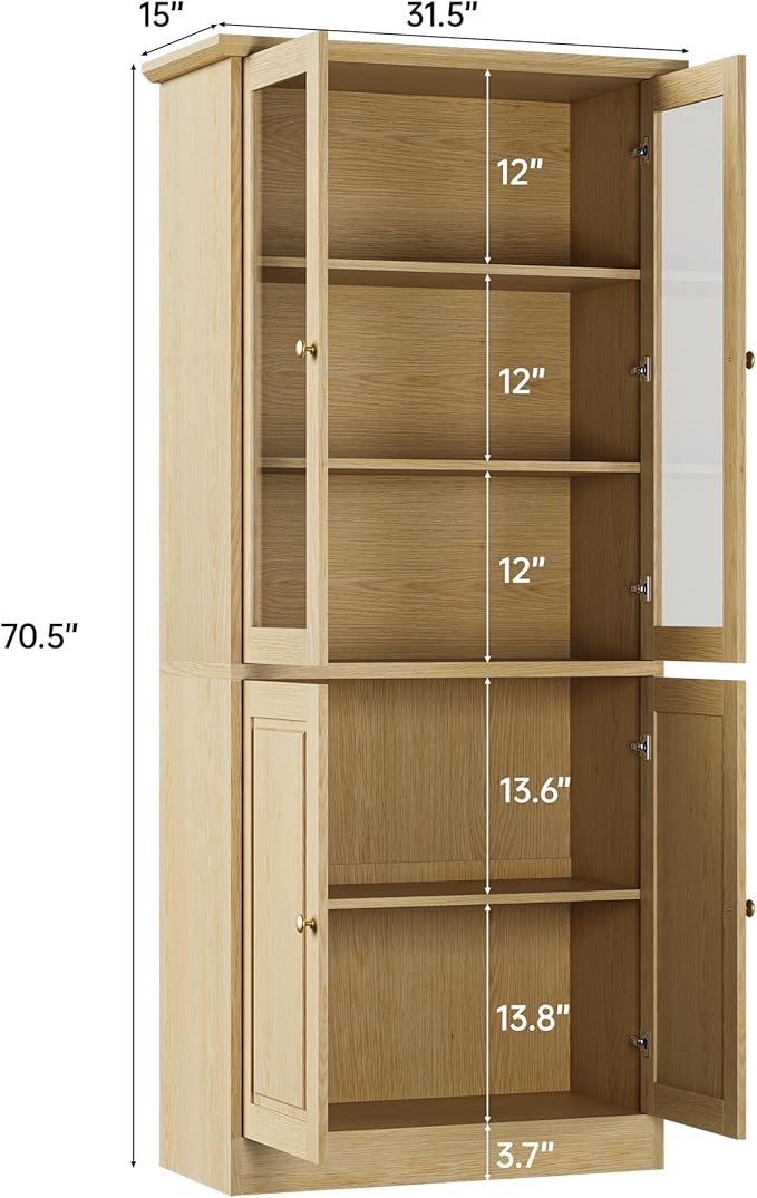 71" Kitchen Pantry Cabinet with Glass Doors, Modern Coffee Bar Storage Cabinet with Adjustable Shelves & Wooden Doors, Freestanding Cupboard for Dining Room or Living Room, Natural Wood