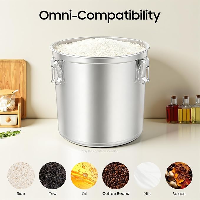 Stainless Steel Airtight Canister for Kitchen, 48L/12.68Gal Metal Food Storage Container Flour Bucket with Lid & Clamps, Bean Rice Canister Holder for Kitchen Restaurant, D15.8*H15.8in