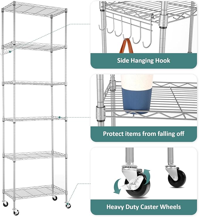 Homdox 6-Tier Storage Shelf Wire Shelving Unit Free Standing Rack Organization with Caster Wheels, Stainless Side Hooks, Silver Gray | Rack Organization, with Caster Wheels, Stainless Side Hooks