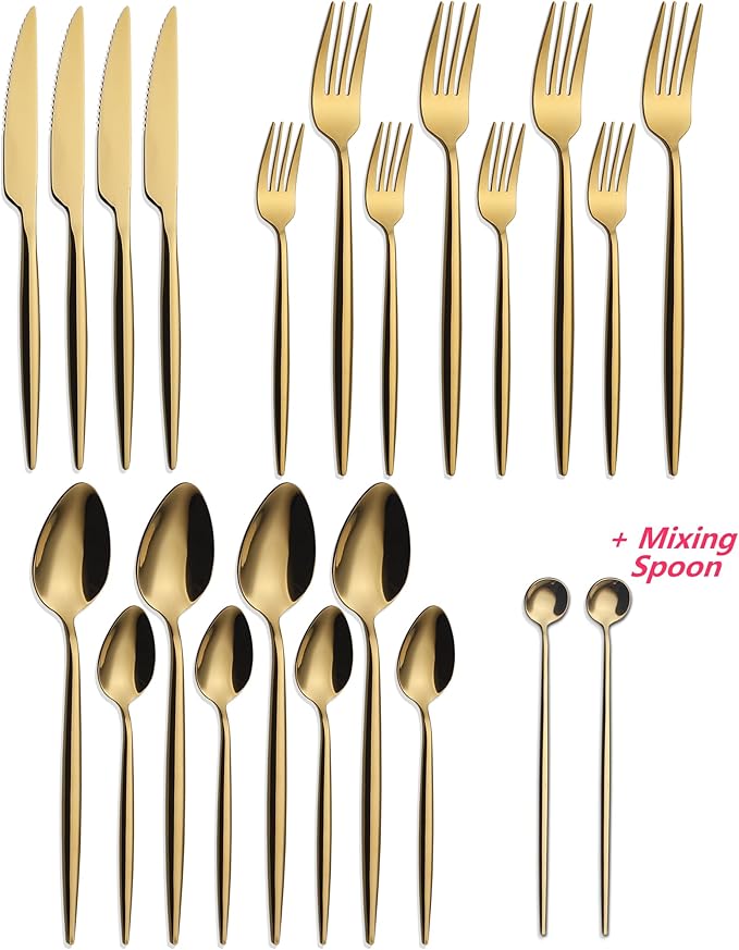 CHAAMFORGE 20 Piece Luxury Silverware Set for 4 Gold Mirror-Polished 18/10 Stainless Steel Heavy Flatware Set Modern Cutlery Set Knife/Fork/Spoon with Gifts for Home & Restaurant