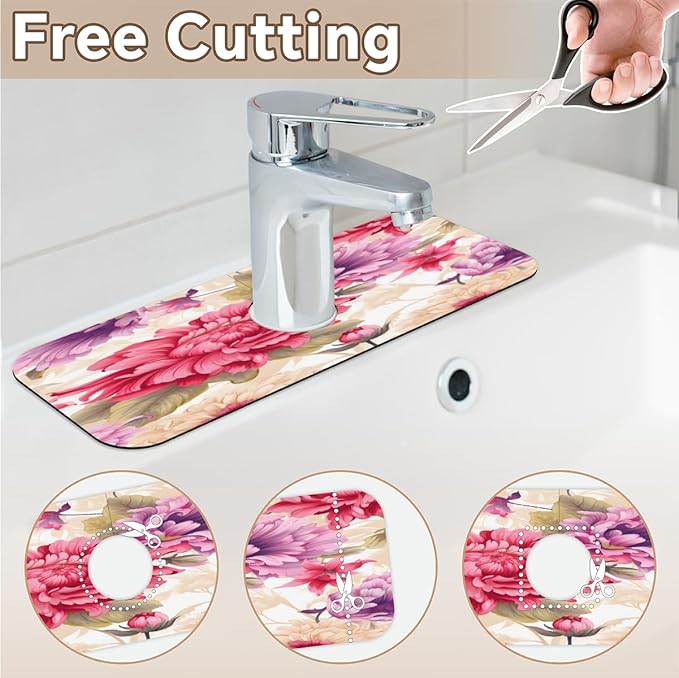 Floral Symphony In Cream Kitchen Faucet Mat Splash Guard, 15.4”x5.7” Absorbent Quick Drying Sink Mat for Countertop Protection, Draining Mat Sink Protectors For Kitchen Bathroom, 2 Pack