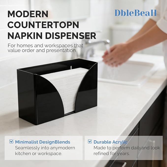 DbleBeaH Paper Towel Dispenser，Black Acrylic Napkin Holder - 10.75x6.5x4 in, Wall-Mount/Under Cabinet Tissue Box Cover, Fits C/Z/Trifold Paper Towels for Home, Kitchen, Bathroom and Commercial Use
