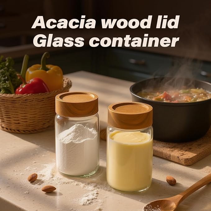 2-Piece 10 oz Food-Grade Glass Mason Jars with Sturdy Acacia Wood Lids, Sealable Waterproof, Transparent Easily Stackable for Spices, Seasonings & Snack Organizin