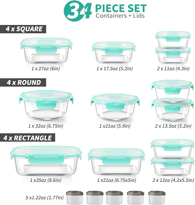 34pcs Glass Food Storage Containers with Lids Set, Airtight Glass Meal Prep Containers (17 Containers & 17 Lids), Leak Proof Lunch Container BPA-Free, Microwave, Oven, Freezer, Dishwasher Safe-Green