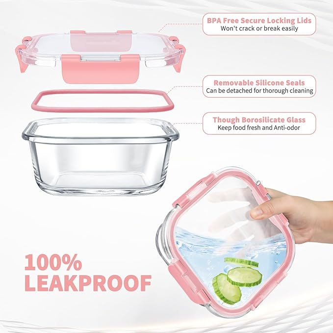 34pcs Glass Food Storage Containers with Lids Set, Airtight Glass Meal Prep Containers (17 Containers & 17 Lids), Leak Proof Lunch Container BPA-Free, Microwave, Oven, Freezer, Dishwasher Safe-PINK