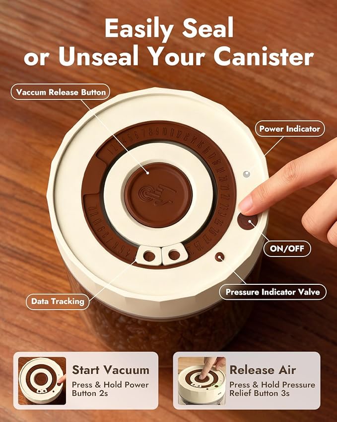Electric Vacuum Coffee Canister & Food Storage Jar – One-Button Operation Auto Airtight Sealed Coffee Container, 34 fl oz for 0.9 lb Beans