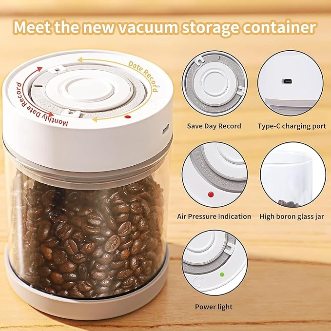 Minidiva Smart Vacuum Container, Automatic Electric Airtight Glass Jar for Food Coffee Storage Meal Prep (White-1350ml-1)