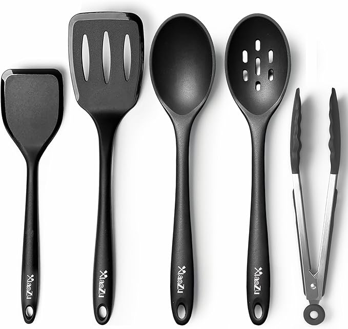 Silicone Cooking Utensils Set, Heat Resistant and large Non Stick Spatulas & Spoons for Kitchen, Ideal BPA Free Kitchen Turners for Frying, Mixing,Serving,Draining,Turning