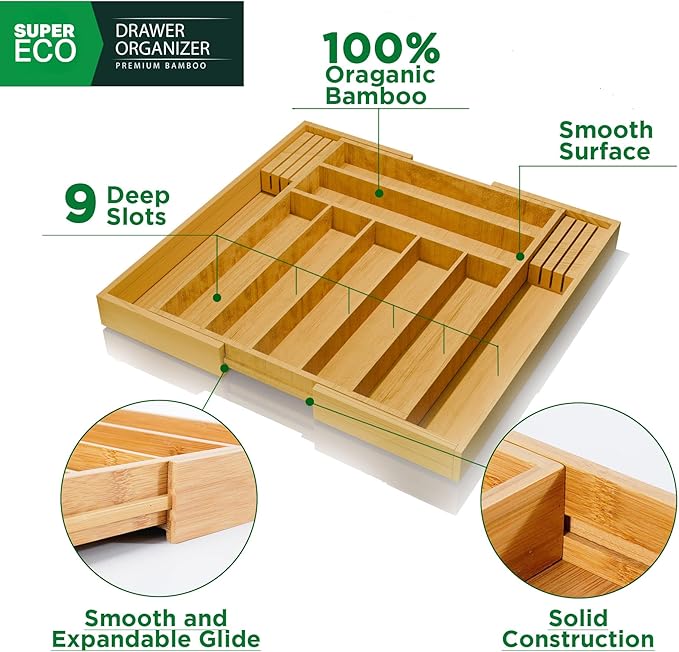 SUPER ECO Bamboo Kitchen Drawer Organizer - Bamboo Expandable Drawer Organizer Utensil Holder & Cutlery Tray - Adjustable Wood Drawer Dividers Organizer for Silverware, Flatware, Knives (9 Slot)