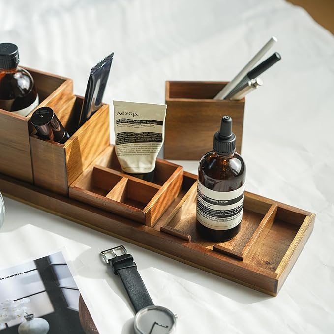 ROCDEER Wood Vanity Tray, 6-Piece Small Bathroom Counter Organizer Wooden Decorative Trays Rectangular Perfume Jewelry Makeup Cosmetic Holder Set - Holds Small Items