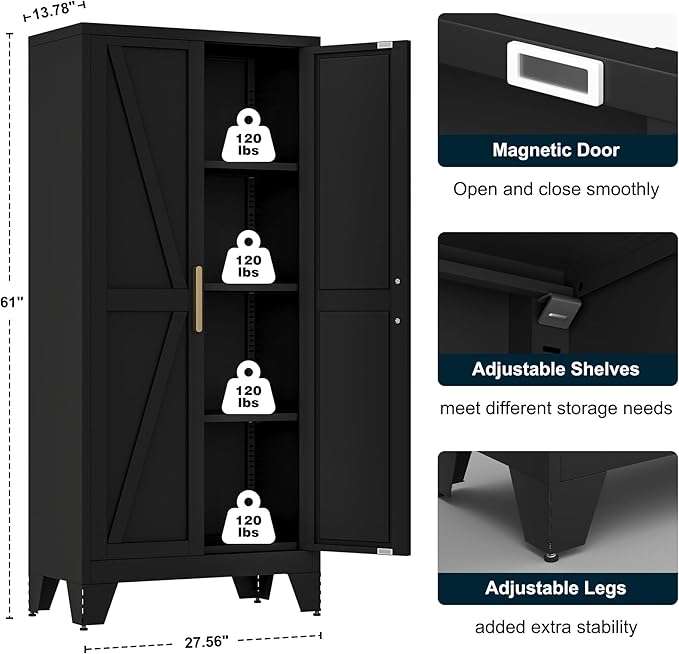 LCAOPC 61" Tall Metal Storage Cabinet with 2 Doors and 3 Adjustable Shelves, 4-Tier Kitchen Pantry Storage Cabinet for Kitchen, Living Room, Dining Room and Office, Black