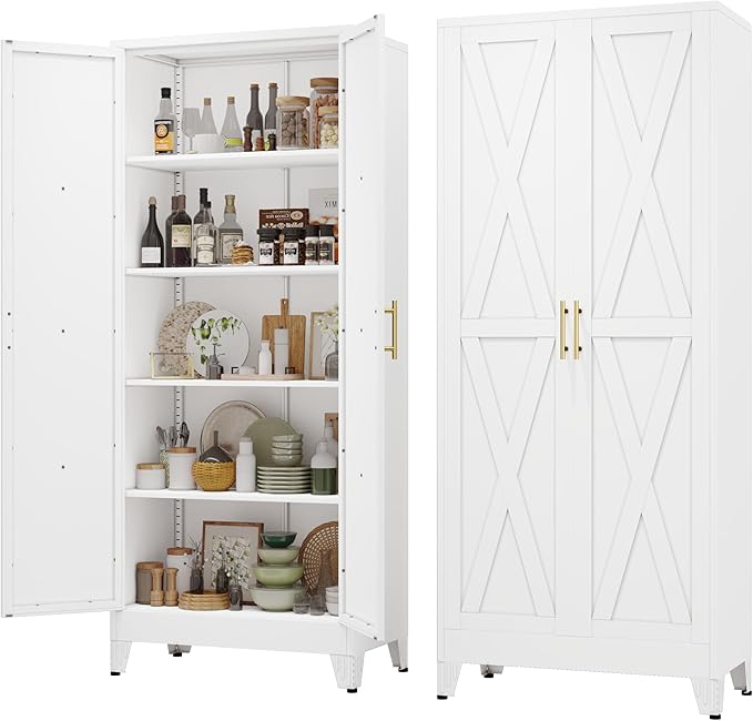 71" Tall Kitchen Pantry Cabinet, Metal Storage Cabinet with 2 Doors and 4 Adjustable Shelves, White Food Pantry Cupboard for Kitchen, Dining Room, Living Room and Bathroom (White)