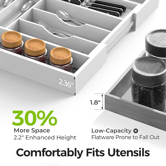 Thalomely Bamboo Kitchen Drawer Organizer, Expandable Silverware Organizer with Removable Knife Block, 6-8 Slots- Utensil Holder & Cutlery Tray Drawer Dividers, 2.36" Deep for Extra Capacity, White