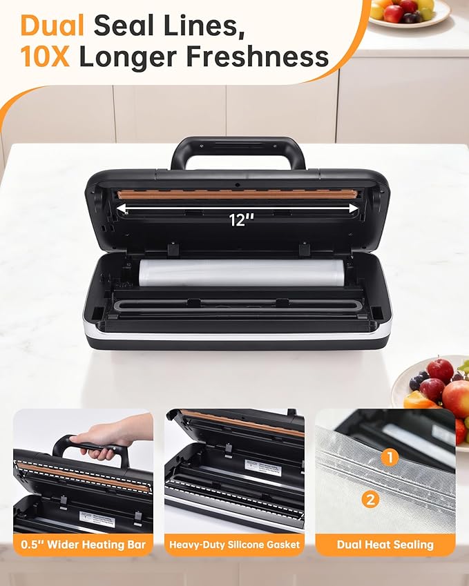 85kPa Commercial Vacuum Sealer with 2X Heat Seal, Countertop Chamber Food Sealer with Continuous Sealing, Multiple Modes for Dry, Wet & All Foods, Built-in Cutter, Ideal for Sous Vide & Food Storage