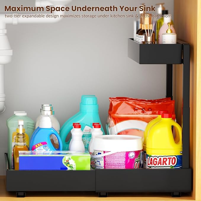 Under Sink Organizer Pull Out, 2 Tier Expandable Under Sink Storage for Kitchen & Bathroom, Adjustable Height (14.4"-18.5") Width (12.2"-20.5"), Heavy Duty 3-Slide Rail System, Black