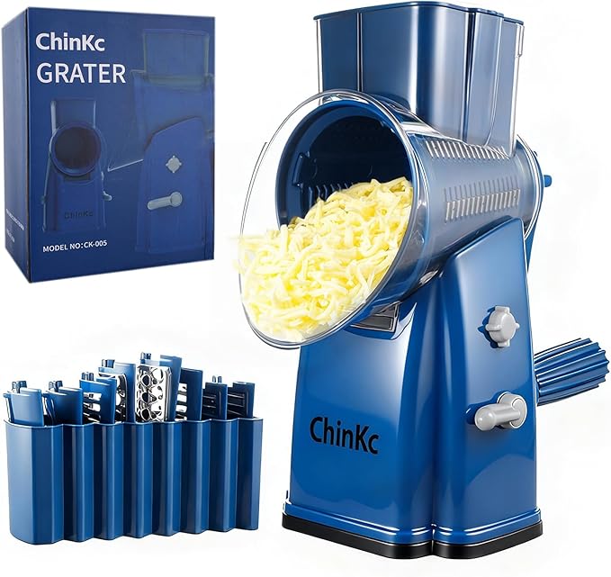 ChinKc Upgrade Rotary Cheese Grater Shredder with Handle, Strong Suction Base, Multi-purpose Rotary Grater Slicer with 5 Interchangeable Blades for Ice, Vegetables, Fruit, Nuts with Blade Storage Box