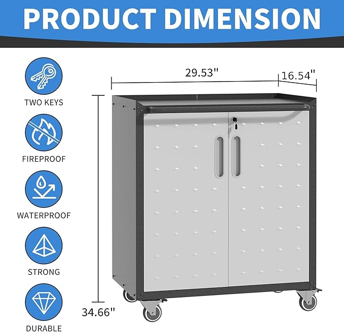 BIZOEIRON Metal Storage Cabinet with Wheels, Rolling Tool Cabinet with Doors and Shelves, Lockable Garage Storage Cabinet, Assembly Required (Black & Grey)