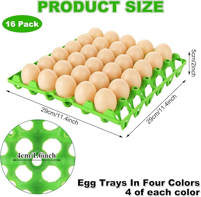16 PCS Plastic Egg Tray 30 Cell Egg Flats Crates Stackable Egg Cartons Reusable Carton, Hold Multiple Eggs, Great for Storing, Sorting and Shipping Eggs, 4 Colors