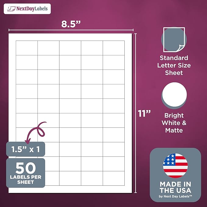 NextDayLabels 1.5x1 Inch Rectangle Stickers White Blank Labels for Laser Inkjet Printer - 50 Per Sheet Self-Adhesive Name Tags Address Barcode, Made in USA - 50,000 Labels