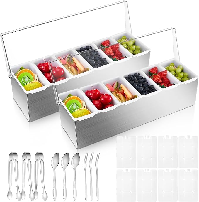 Mifoci 2 Pack Stainless Steel Chilled Condiment Server 6 Removable Slot Toppings Containers with Lid and Bottom Ice Bar Garnish Tray with 9 Silverwares 8 Ice Boxes for Christmas Party, Events and Bar