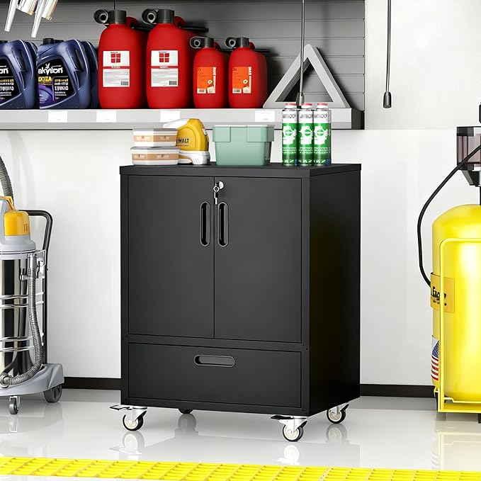 BIZOEIRON Metal Storage Cabinet with Wheels, Mobile Garage Storage Cabinet with 2 Lockable Doors and 1 Drawer, Rolling Tool Cabinet, Assembly Required, Black