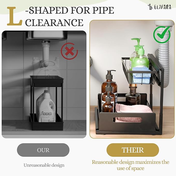 Under Sink Organizer 2-Pack – Pull Out Sliding Storage Rack, L-Shaped Design for Kitchen & Bathroom Cabinet, Heavy-Duty Steel, Easy Install, Black