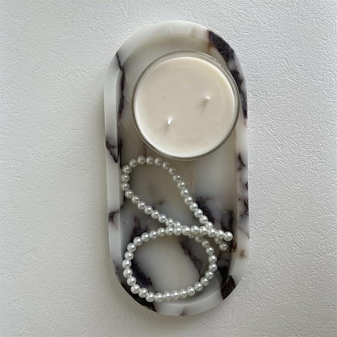 SAIDKOCC Natural Marble Oval Tray Ornaments Vintage Small Tray Storage Dish for Counter, Vanity, Dresser, Nightstand and Desk (Calacatta Purple)