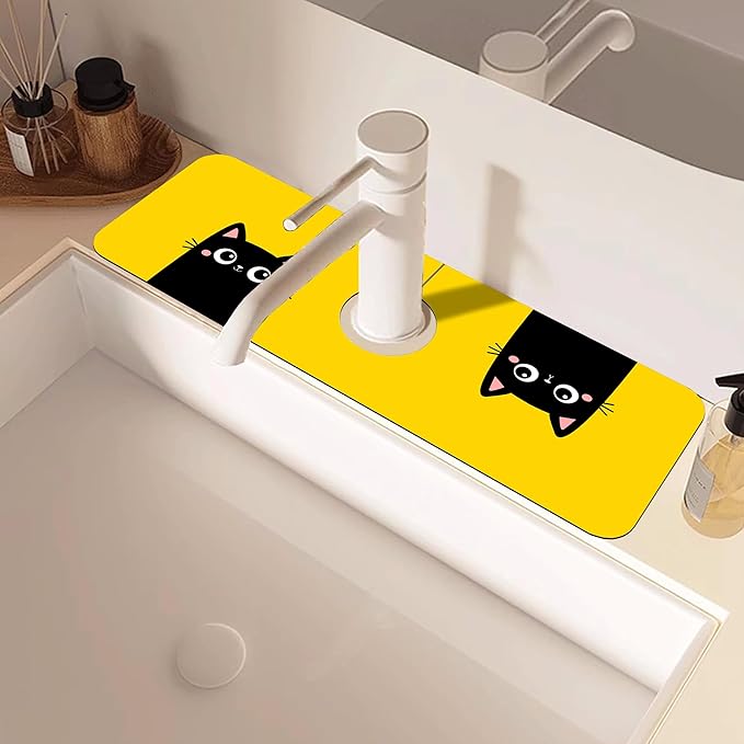 Cute Black Cat Head Kitchen Sink Splash Guard Mat Absorbent Fast Drying Mat Faucet Draining Mat Sink Splash Guard Behind Faucet Drip Catcher for Kitchen Bathroom 5.5"×15"