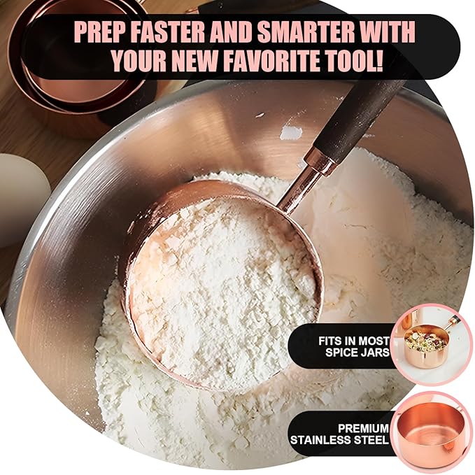 SHIKORI Gold Measuring Cups and Spoons Set with Wood Handles, Premium Stainless Steel Measuring Spoons and Measuring Cups Set-Rose Gold
