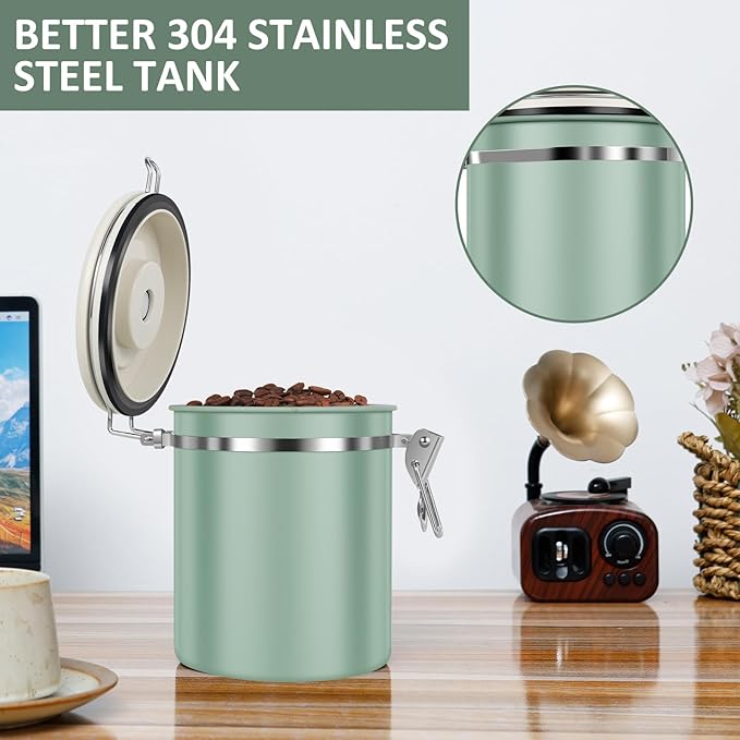 4PCS Coffee Storage Canister 1.5L 51OZ Double Airtight Coffee Beans Container with Date Locator 304 Stainless Steel Kitchen Food Storage Container with Spoon For Coffee Beans Grounds Tea Sugar