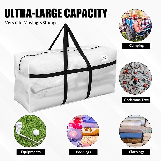 Windyun 4 Pack 69 Gallon Extra Large Moving Bags XXL Heavy Duty Storage Bag with Strong Zipper Handle Jumbo Big Tote Box Foldable for College Dorm Travel Clothes Duffle Blanket Pillow(Transparent)