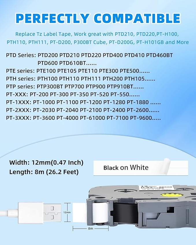8-Pack Label Maker Tape Refills Compatible for Brother Tz Tape 12mm 0.47 Laminated White TZe-231 for P-Touch Label Maker PT-D210 PT-H110 PT-D220 PT-1880 1180 2030, Black Ink on White 1/2",