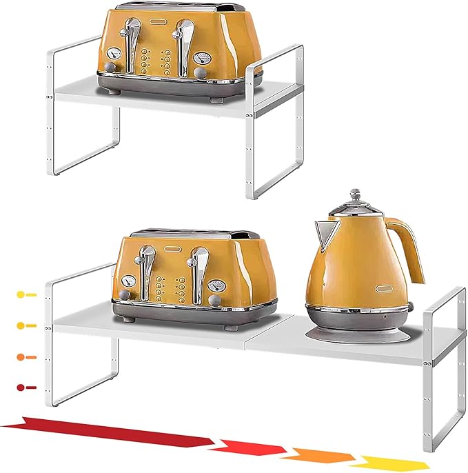 taiheis 16.5~27.1" Expandable Shelf Organizer, 1Pack 8.1" Wide Stackable Cabinet Shelf Organizers, White Metal Sturdy Kitchen Counter Storage for Countertop, Adjustable Height Spice Rack